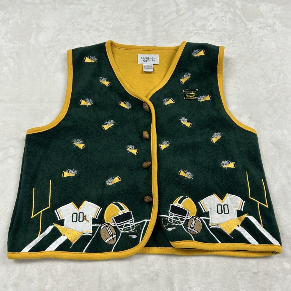 Christopher & Banks Fleece Vest Womens L Green Football Embroidered Button Front
